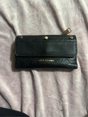 used Max Studio Black Leather Wallet with Gold Logo